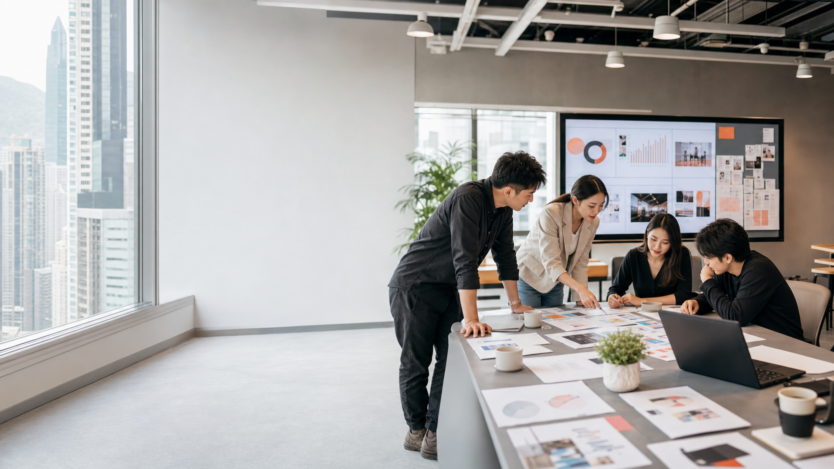 A media strategy team collaborating in a Hong Kong studio